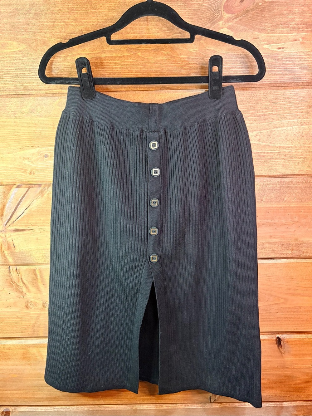 Jess Lea Black Ribbed Knit Button Front Midi Pencil Skirt Size Medium 💕🖤